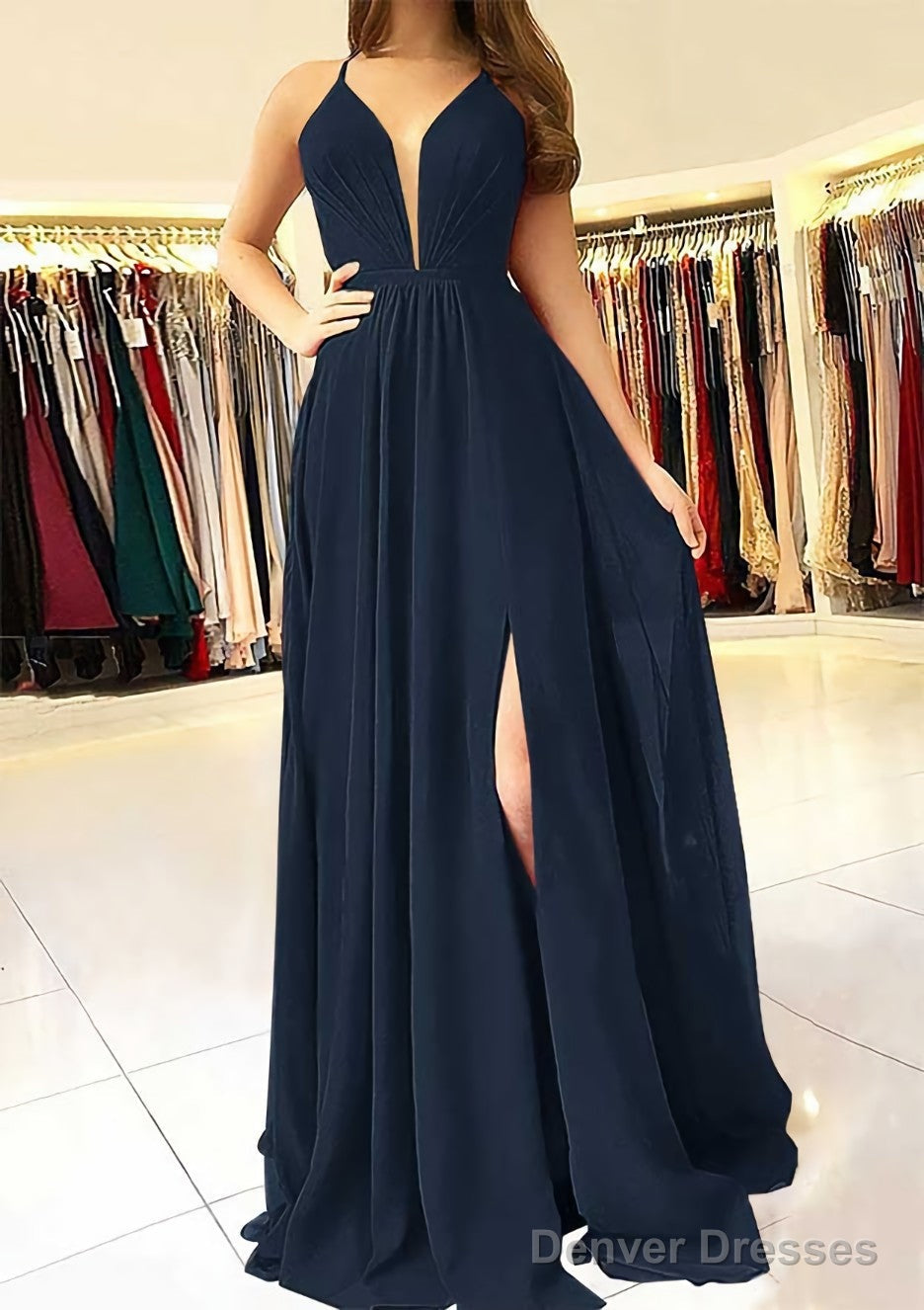 A-line/Princess Scalloped Neck Sleeveless Long/Floor-Length Chiffon Prom Dresses With Split Secondary image