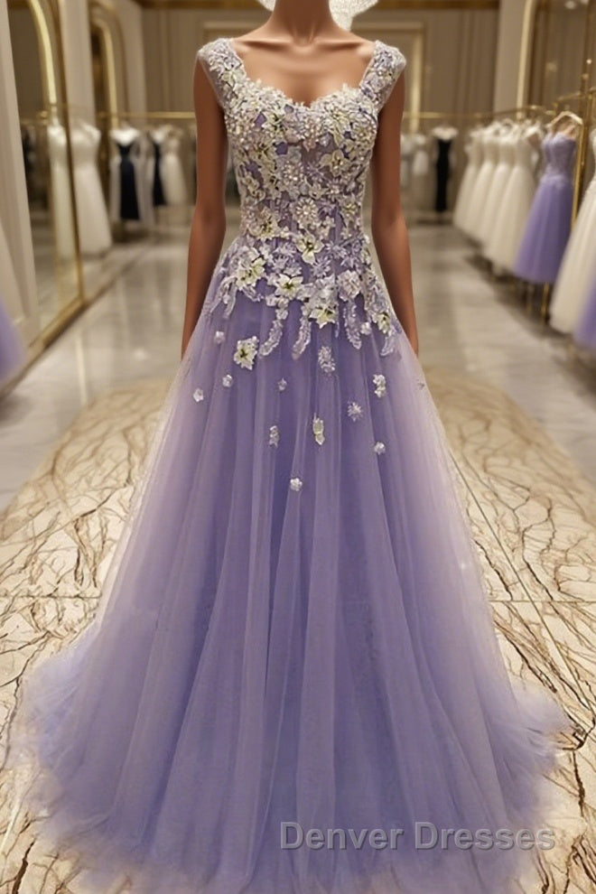 A-Line/Princess Scoop Floor-Length Tulle Evening Dress With Appliques Lace