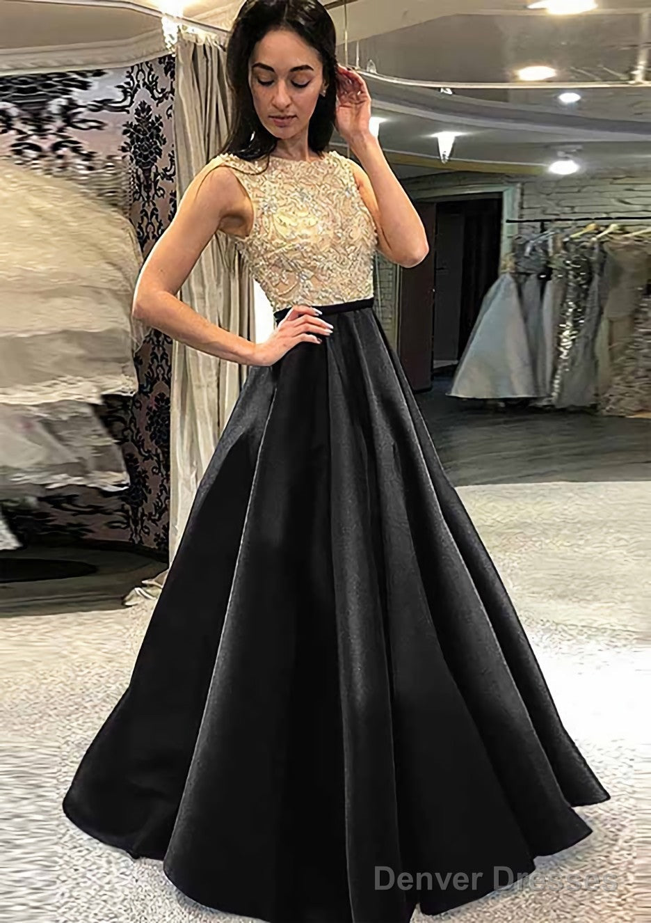 A-line/Princess Scoop Neck Sleeveless Long/Floor-Length Satin Prom Dresses With Beading