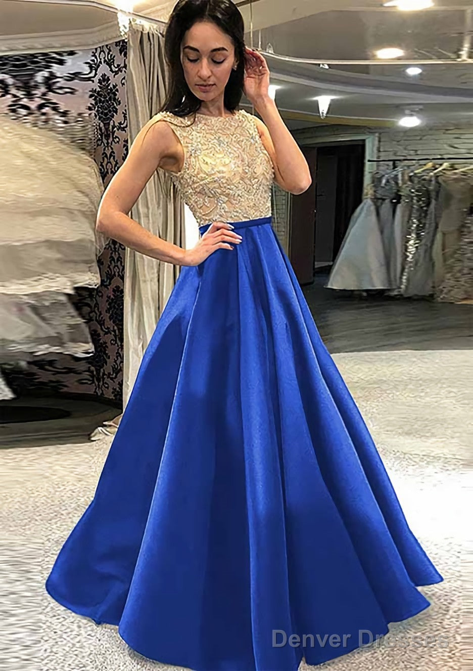 A-line/Princess Scoop Neck Sleeveless Long/Floor-Length Satin Prom Dresses With Beading Secondary image