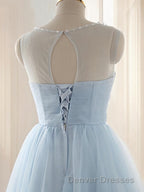 A-Line/Princess Scoop Short/Mini Tulle Homecoming Dress With Beading