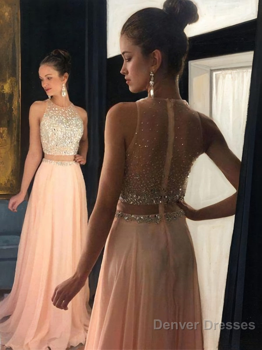 A-Line/Princess Scoop Sweep Train Chiffon Evening Dresses With Beading Main image