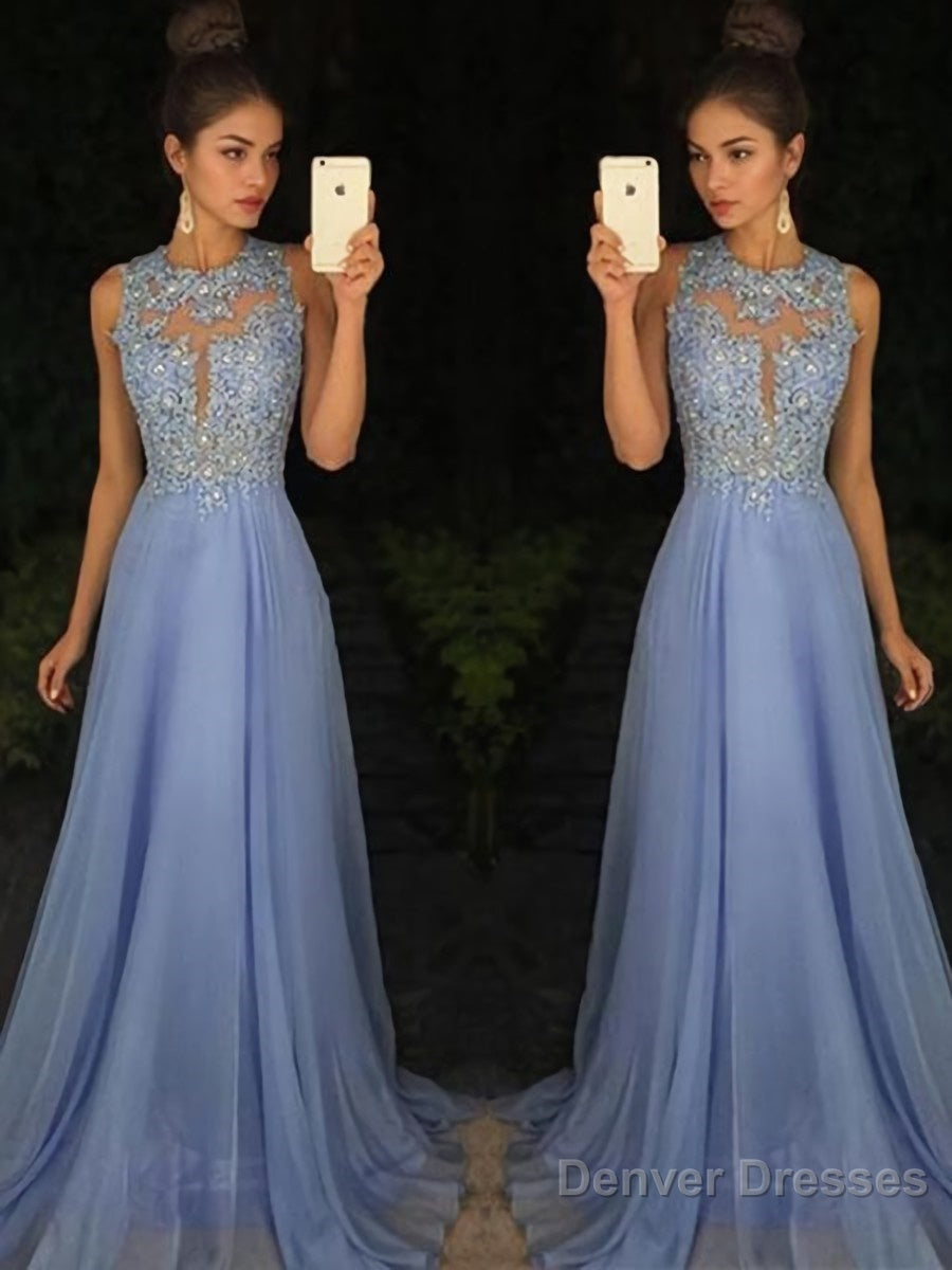 A-Line/Princess Scoop Sweep Train Chiffon Prom Dresses With Appliques Lace Main image