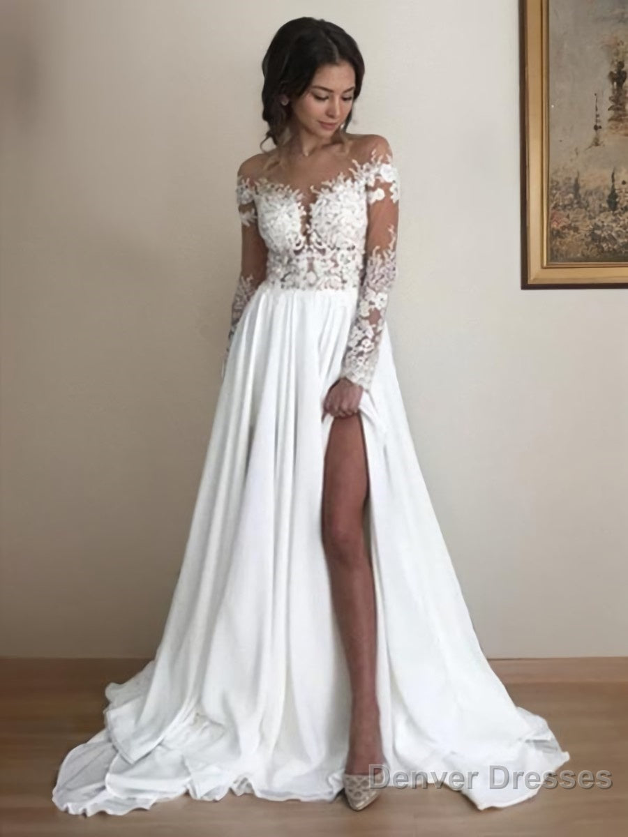 A-Line/Princess Scoop Sweep Train Chiffon Wedding Dresses With Leg Slit Main image