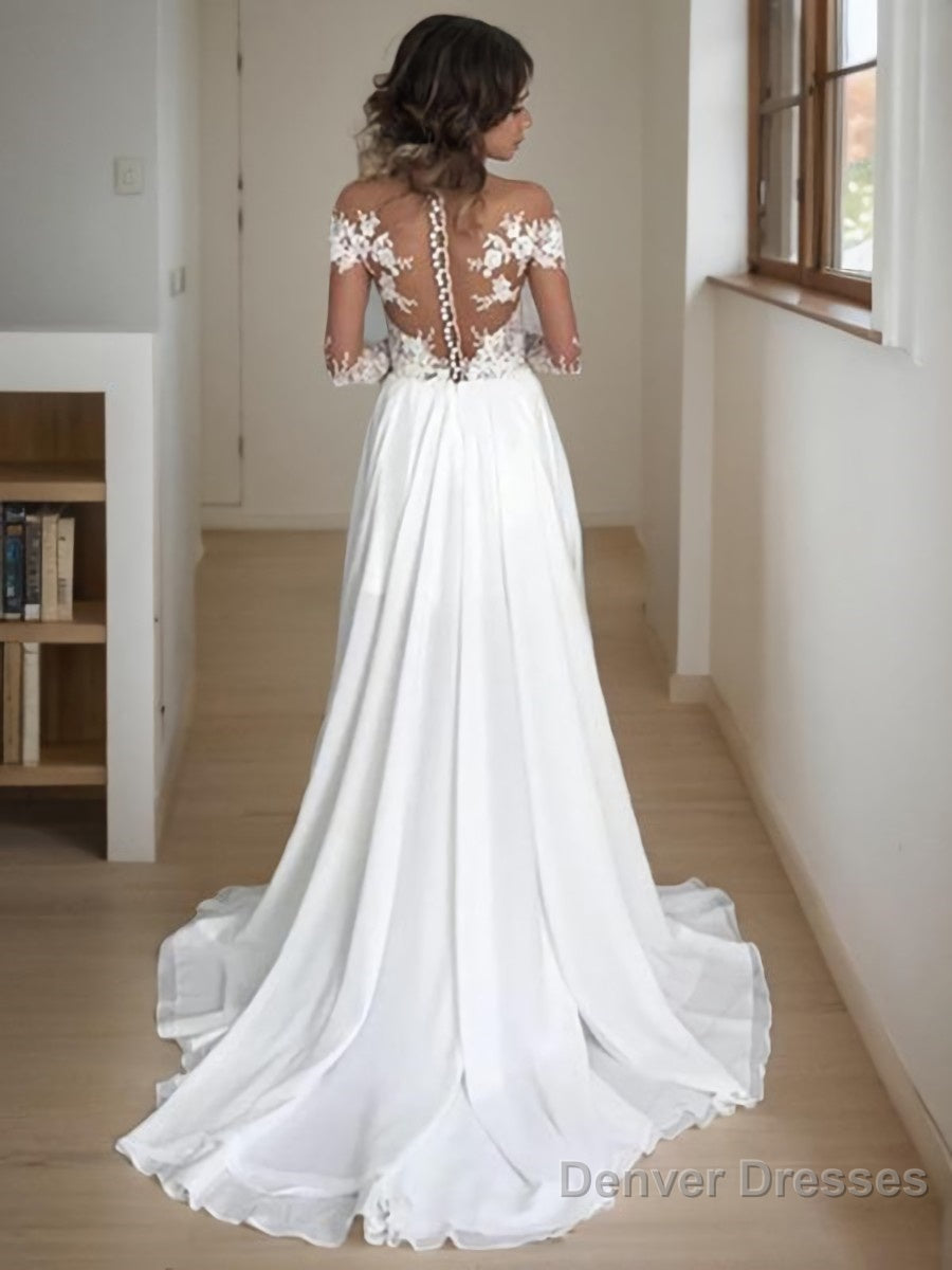 A-Line/Princess Scoop Sweep Train Chiffon Wedding Dresses With Leg Slit Secondary image
