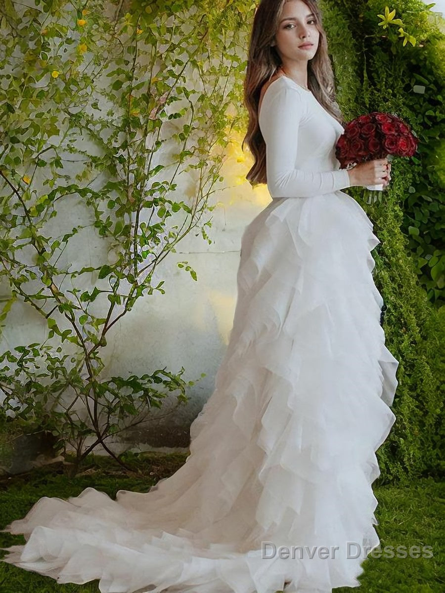A-Line/Princess Scoop Sweep Train Tulle Wedding Dresses Main image