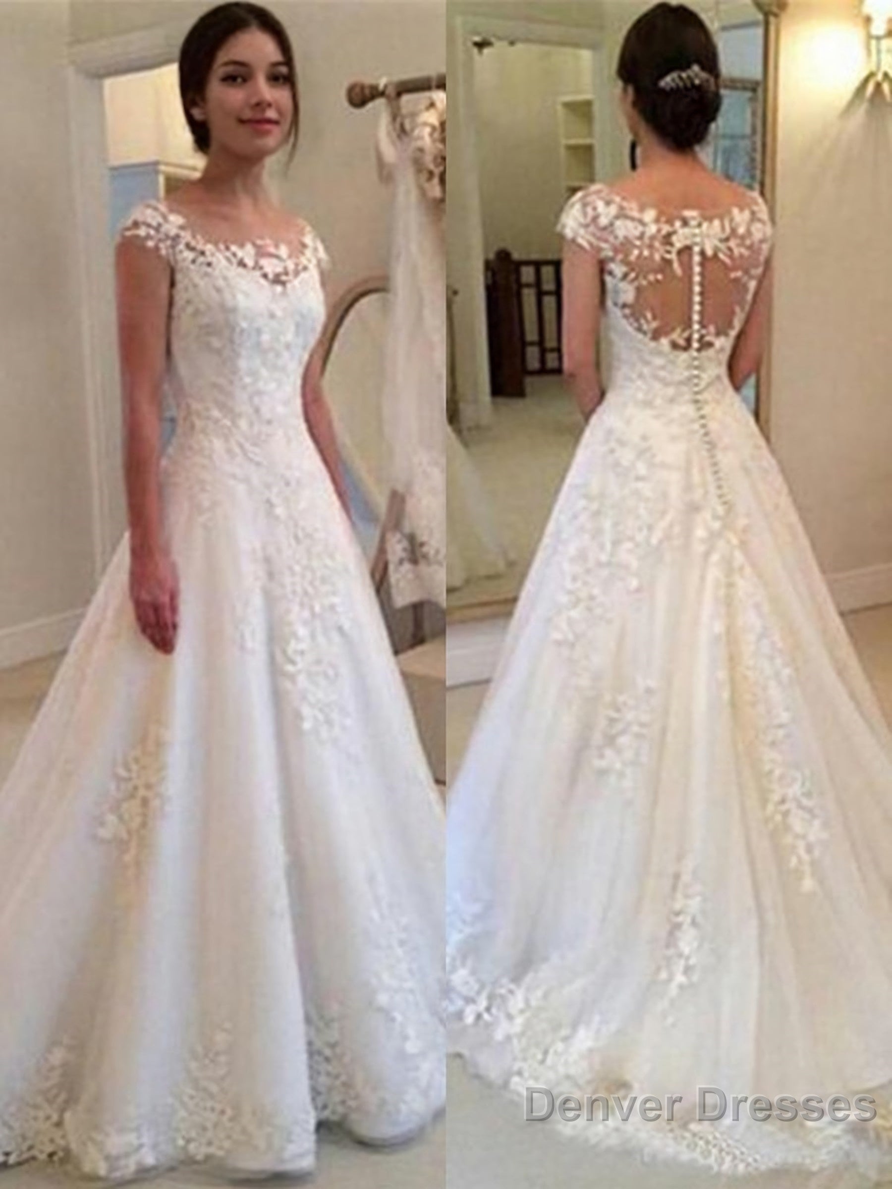 A-Line/Princess Scoop Sweep Train Tulle Wedding Dresses With Appliques Lace Main image