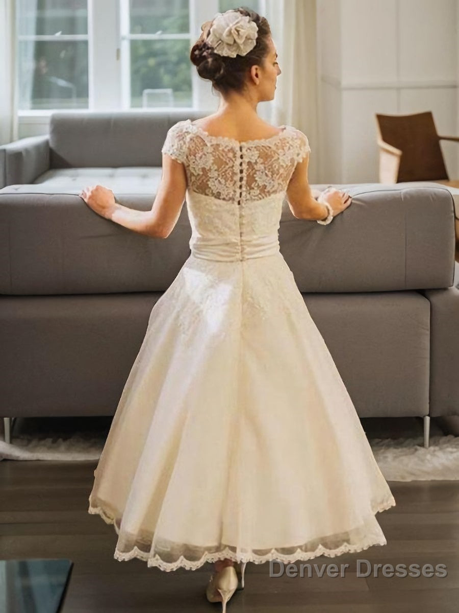 A-Line/Princess Scoop Tea-Length Tulle Wedding Dresses
