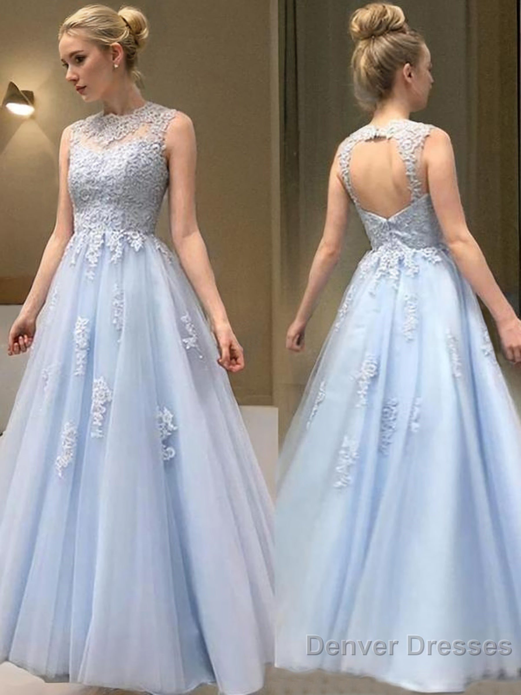 A-Line/Princess Sheer Neck Floor-Length Tulle Evening Dresses With Appliques Lace Main image