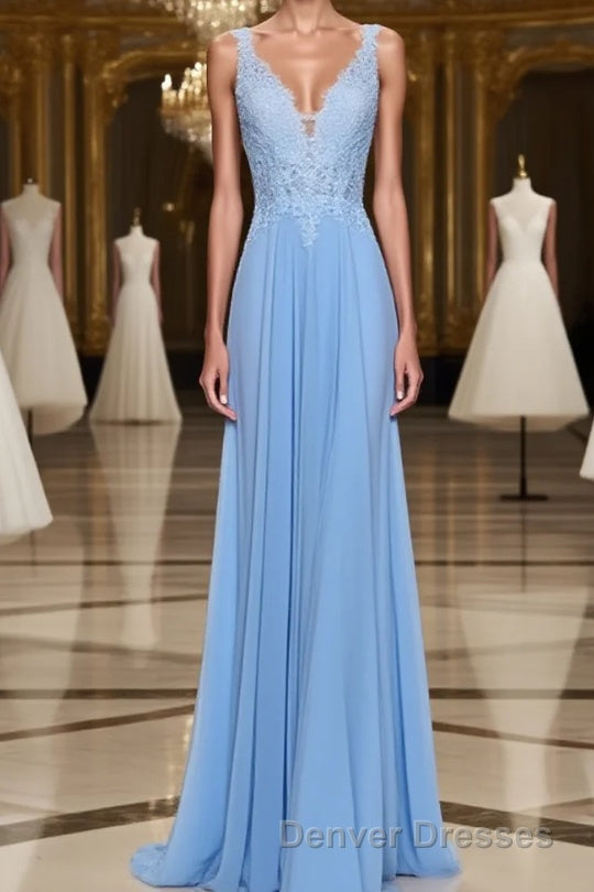 A-Line/Princess Spaghetti Straps Floor-Length Chiffon Prom Dress With Appliques Lace