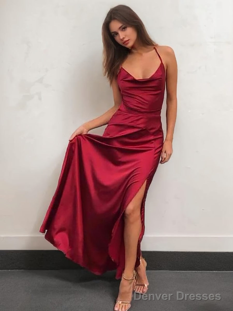 A-Line/Princess Spaghetti Straps Floor-Length NS Elastic Woven Satin Prom Dresses With Leg Slit Main image