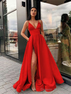 A-Line/Princess Spaghetti Straps Floor-Length Satin Prom Dresses With Leg Slit