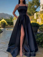 A-Line/Princess Spaghetti Straps Floor-Length Satin Prom Dresses With Leg Slit