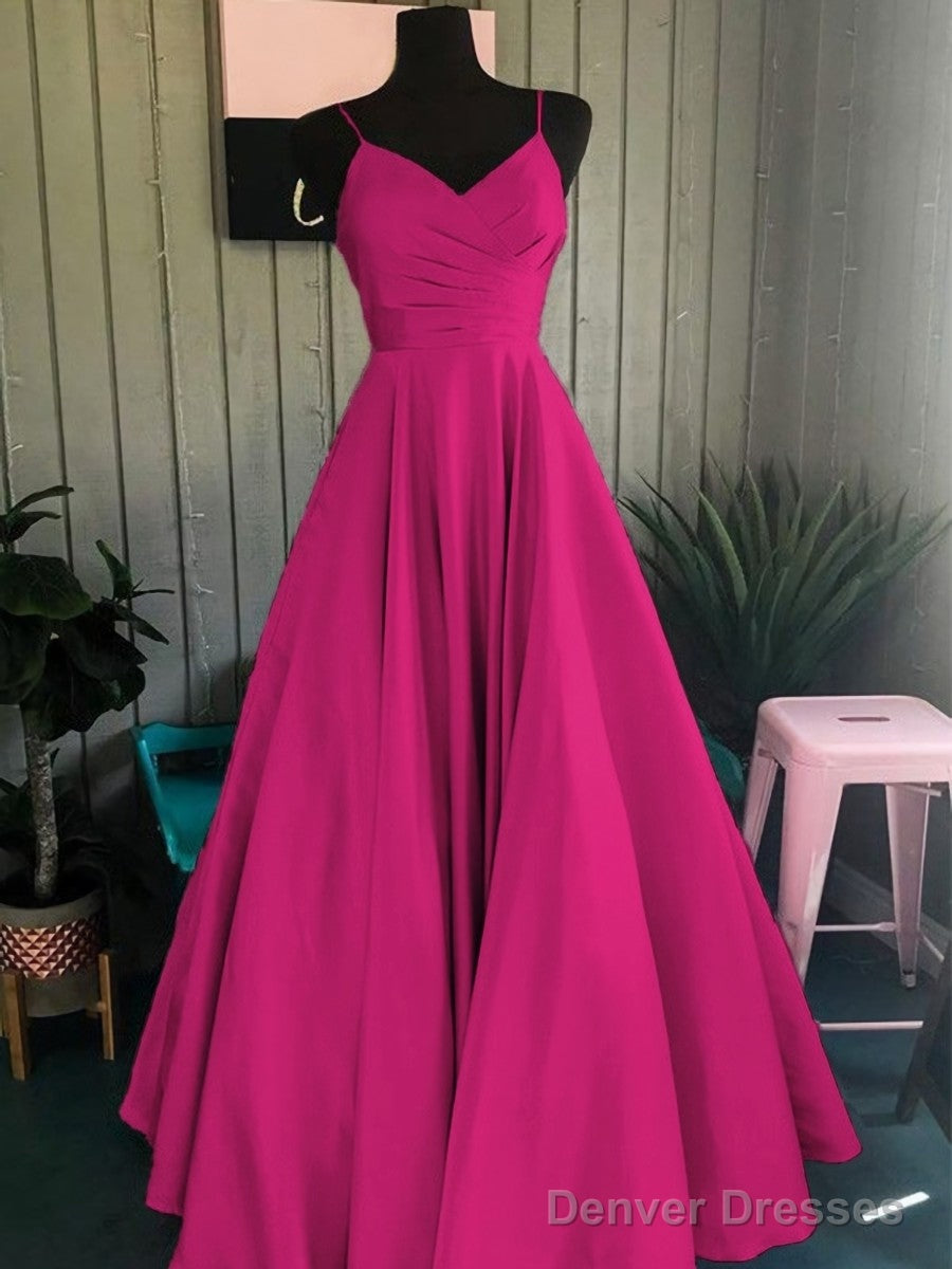 A-Line/Princess Spaghetti Straps Floor-Length Satin Prom Dresses With Ruffles