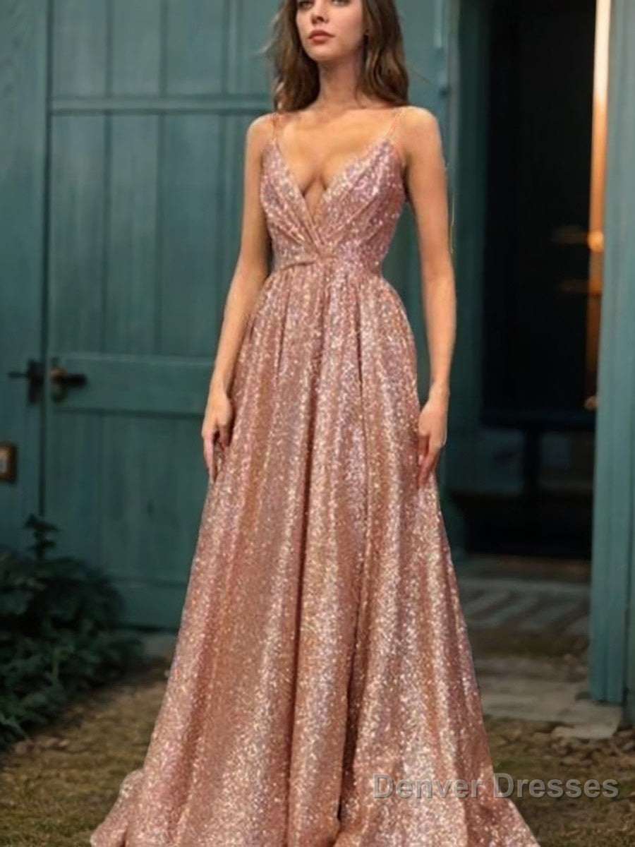 A-Line/Princess Spaghetti Straps Floor-Length Sequins Evening Dresses With Ruffles