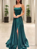 A-Line/Princess Spaghetti Straps Floor-Length Silk like Satin Prom Dresses With Leg Slit