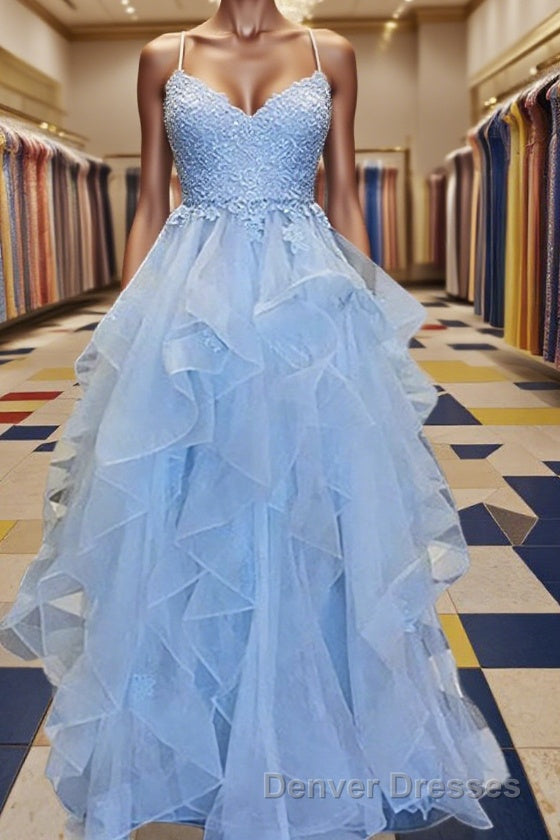 A-Line/Princess Spaghetti Straps Floor-Length Tulle Evening Dress With Appliques Lace