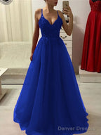 A-Line/Princess Spaghetti Straps Floor-Length Tulle Prom Dresses With Appliques Lace