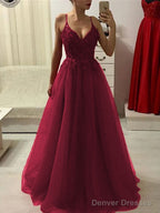 A-Line/Princess Spaghetti Straps Floor-Length Tulle Prom Dresses With Appliques Lace