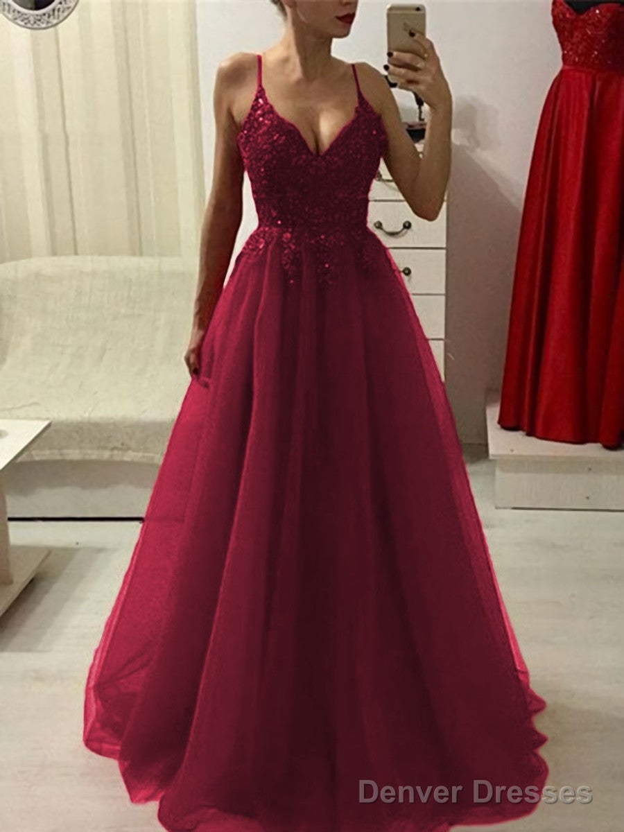 A-Line/Princess Spaghetti Straps Floor-Length Tulle Prom Dresses With Appliques Lace