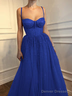 A-Line/Princess Spaghetti Straps Floor-Length Tulle Prom Dresses With Beading