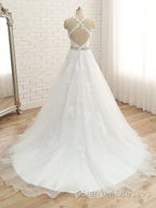 A-Line/Princess Spaghetti Straps Sleeveless Applique With Belt Tulle Floor-Length Wedding Dress
