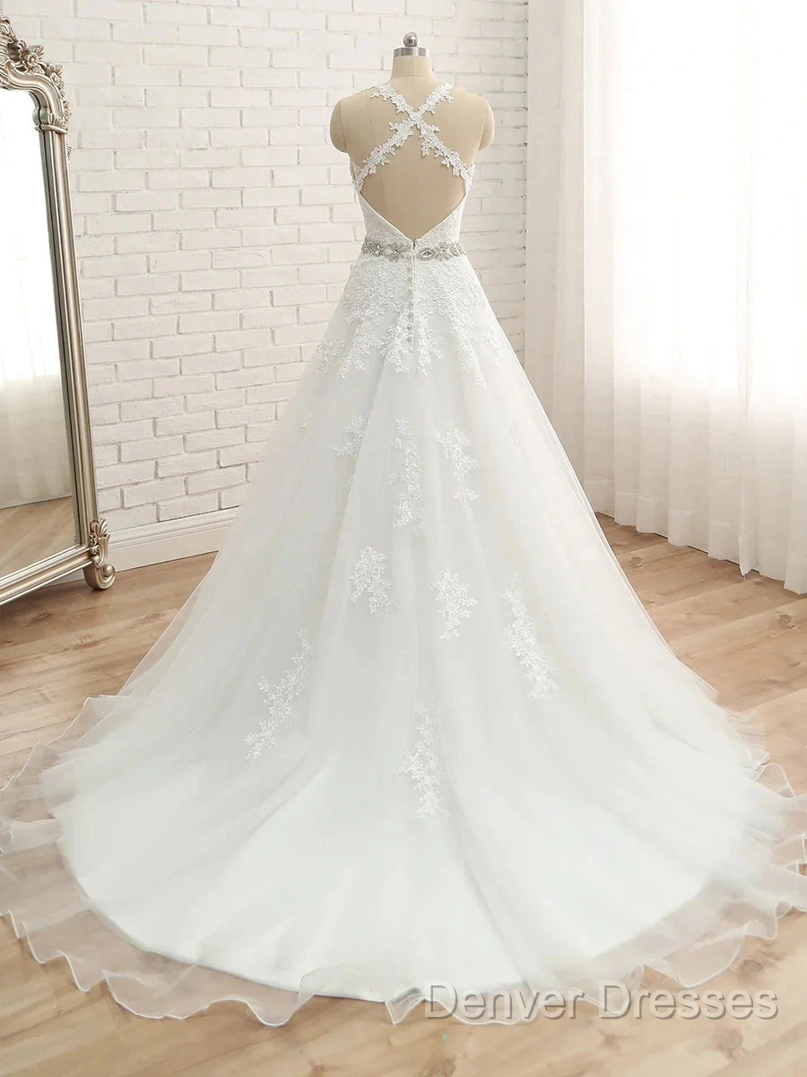 A-Line/Princess Spaghetti Straps Sleeveless Applique With Belt Tulle Floor-Length Wedding Dress