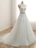 A-Line/Princess Spaghetti Straps Sleeveless Applique With Belt Tulle Floor-Length Wedding Dress