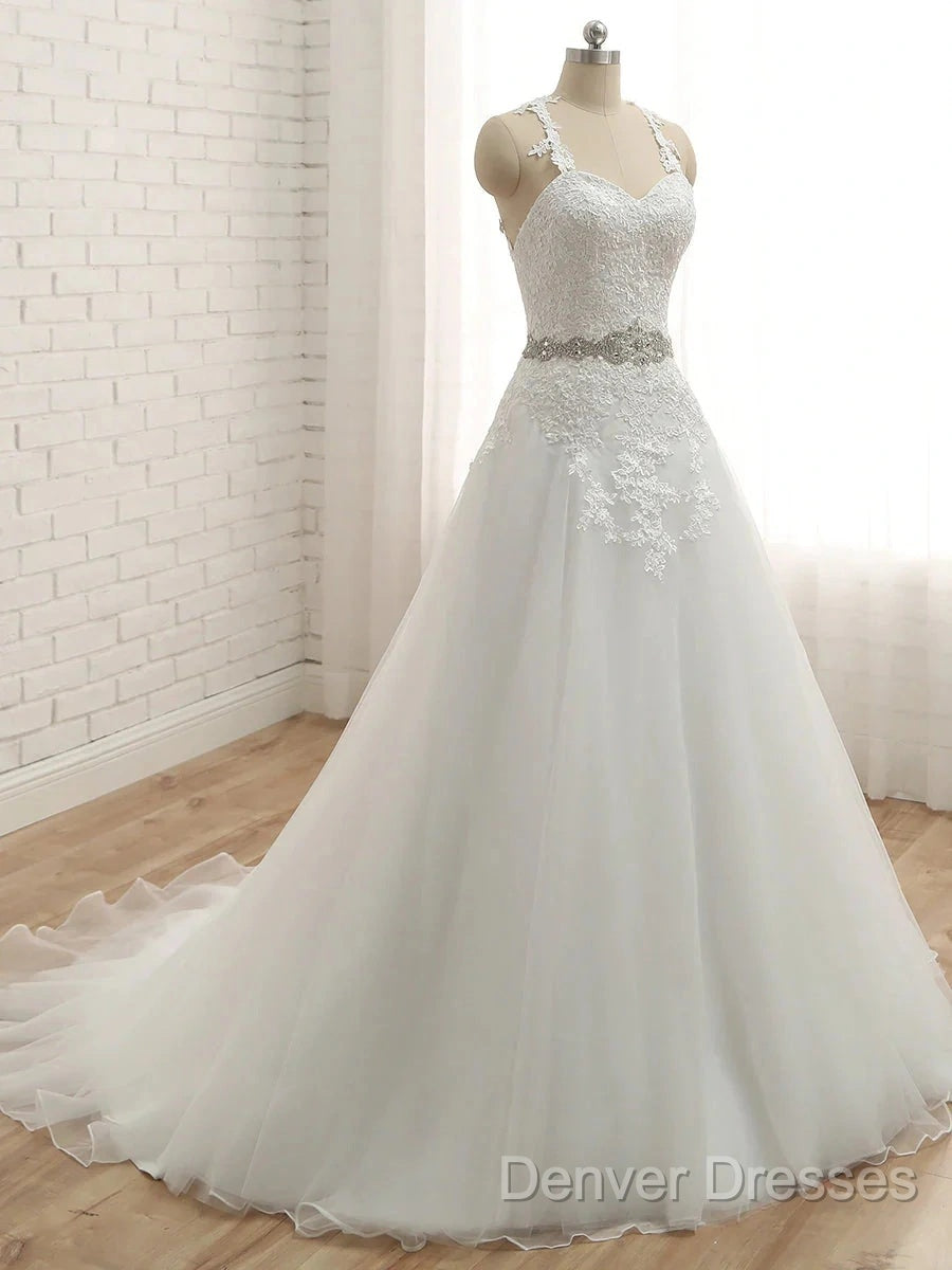 A-Line/Princess Spaghetti Straps Sleeveless Applique With Belt Tulle Floor-Length Wedding Dress