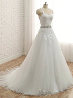 A-Line/Princess Spaghetti Straps Sleeveless Applique With Belt Tulle Floor-Length Wedding Dress
