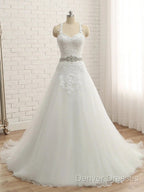 A-Line/Princess Spaghetti Straps Sleeveless Applique With Belt Tulle Floor-Length Wedding Dress