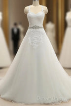 A-Line/Princess Spaghetti Straps Sleeveless Applique With Belt Tulle Floor-Length Wedding Dress