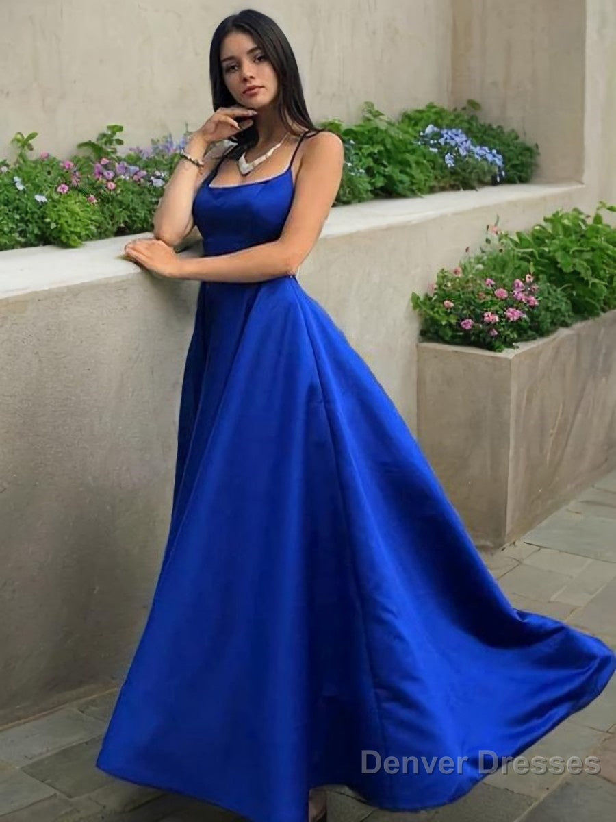 A-Line/Princess Spaghetti Straps Sweep Train Satin Prom Dresses Main image