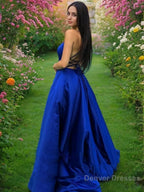 A-Line/Princess Spaghetti Straps Sweep Train Satin Prom Dresses