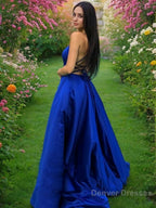 A-Line/Princess Spaghetti Straps Sweep Train Satin Prom Dresses