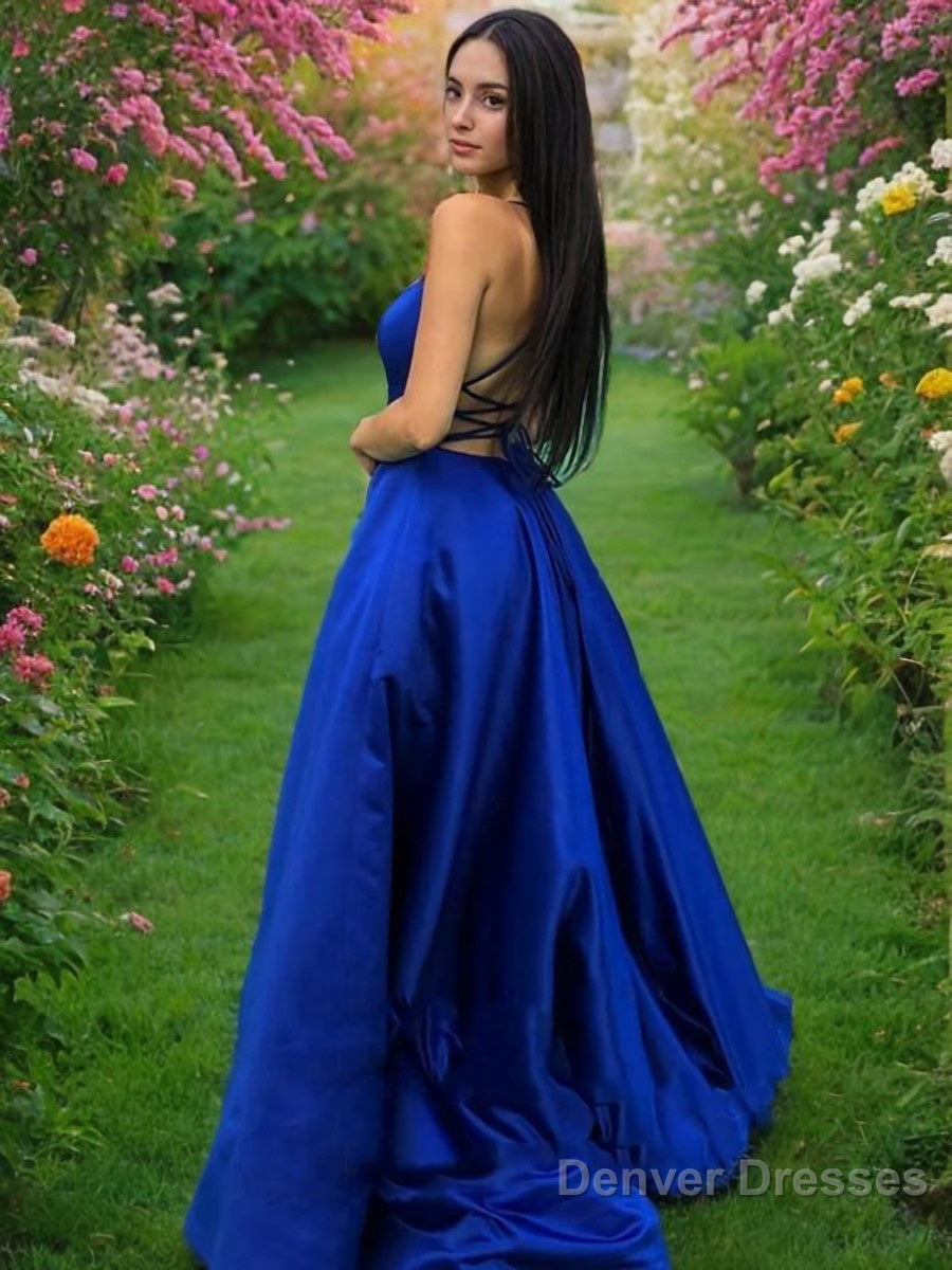 A-Line/Princess Spaghetti Straps Sweep Train Satin Prom Dresses