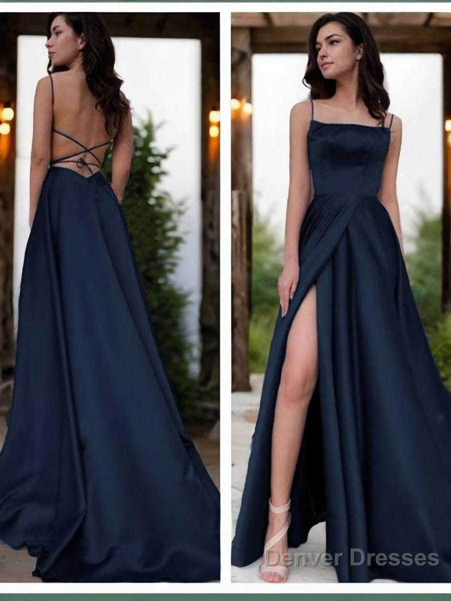 A-Line/Princess Spaghetti Straps Sweep Train Satin Prom Dresses With Leg Slit Main image