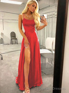 A-Line/Princess Spaghetti Straps Sweep Train Silk like Satin Prom Dresses With Leg Slit