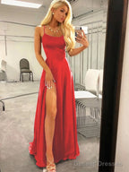 A-Line/Princess Spaghetti Straps Sweep Train Silk like Satin Prom Dresses With Leg Slit