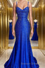 A-Line/Princess Spaghetti Straps Sweep Train Silk like Satin Prom Dress With Ruffles