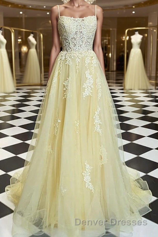 A-Line/Princess Spaghetti Straps Sweep Train Tulle Prom Dress With Appliques Lace Main image