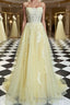 A-Line/Princess Spaghetti Straps Sweep Train Tulle Prom Dress With Appliques Lace