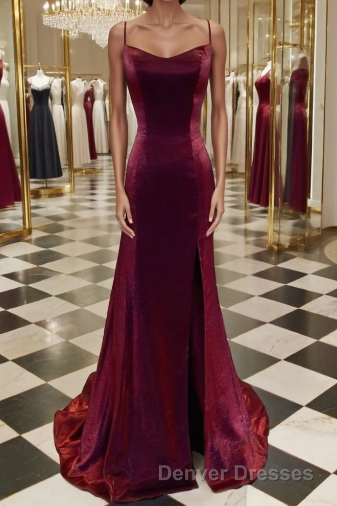 A-Line/Princess Spaghetti Straps Sweep Train Velvet Prom Dress With Leg Slit Main image