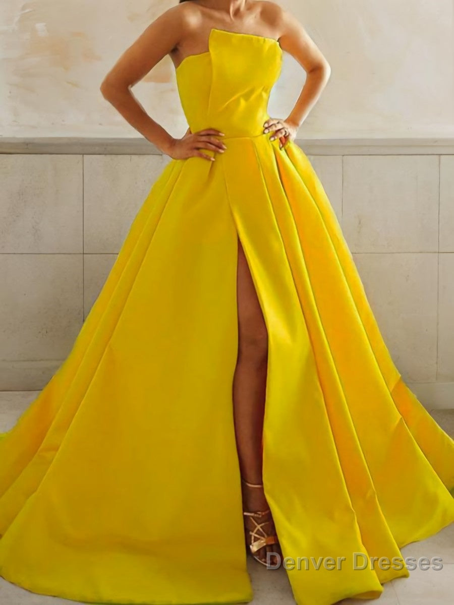 A-Line/Princess Strapless Sweep Train Satin Prom Dresses With Leg Slit Main image