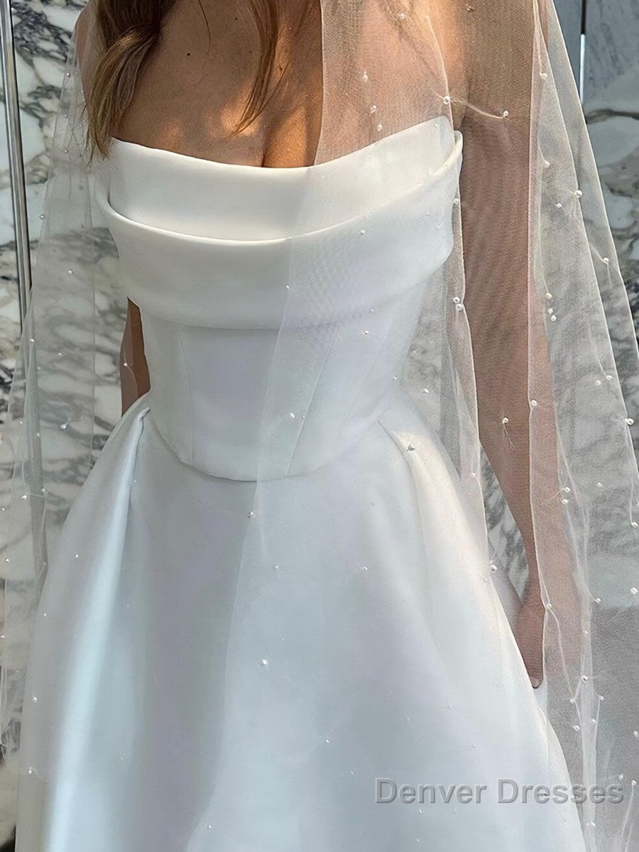 A-Line/Princess Strapless Sweep Train Satin Wedding Dresses With Leg Slit Secondary image