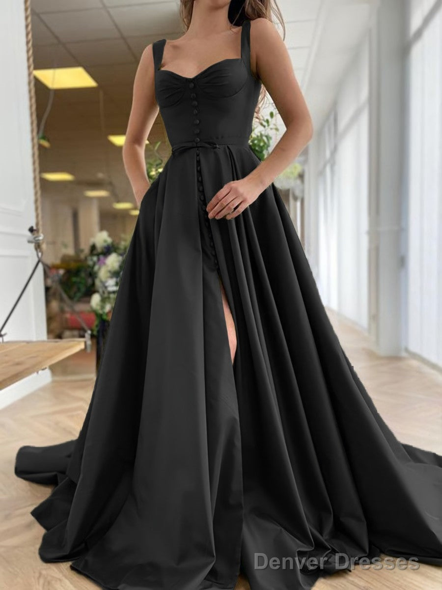 A-Line/Princess Straps Court Train Satin Prom Dresses With Pockets Secondary image