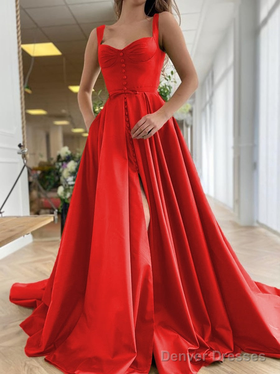 A-Line/Princess Straps Court Train Satin Prom Dresses With Pockets