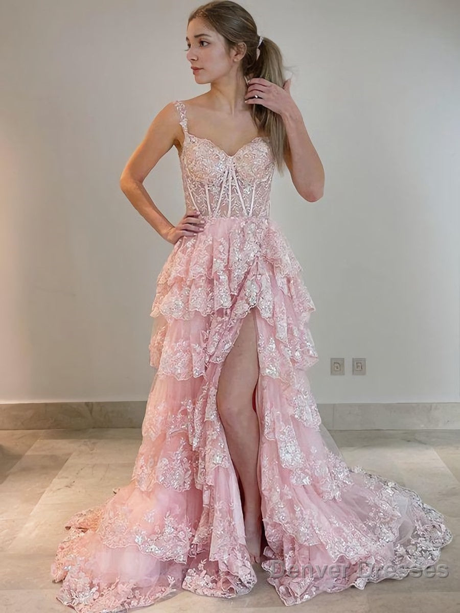 A-Line/Princess Straps Court Train Tulle Prom Dresses With Leg Slit Main image