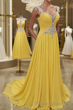 A-Line/Princess Straps Sweep Train Chiffon Prom Dress With Beading