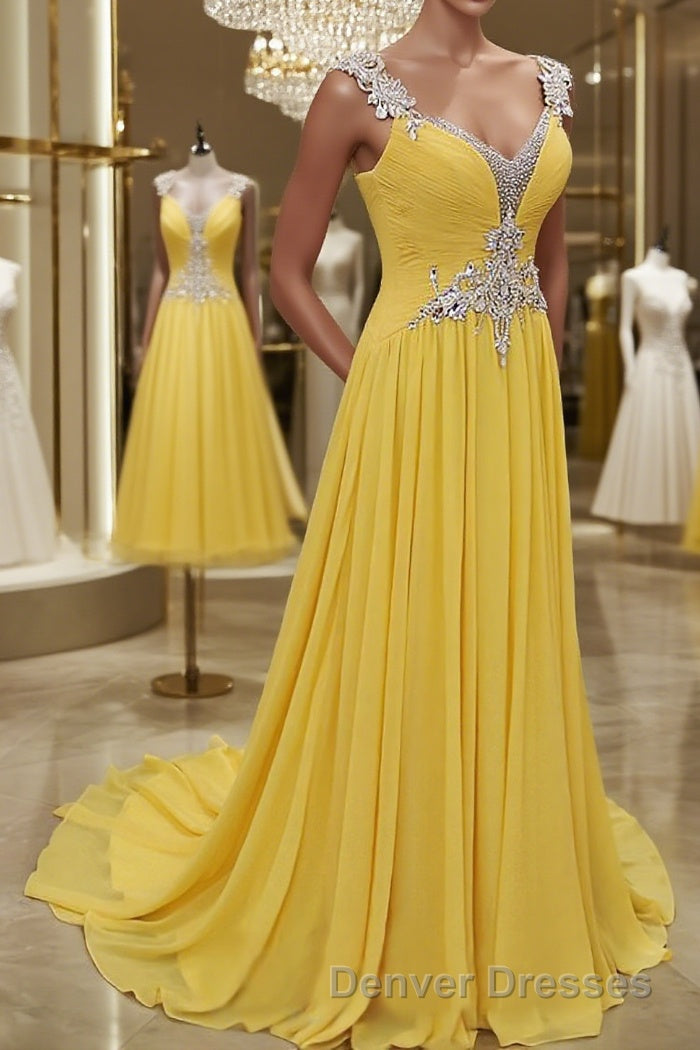 A-Line/Princess Straps Sweep Train Chiffon Prom Dress With Beading
